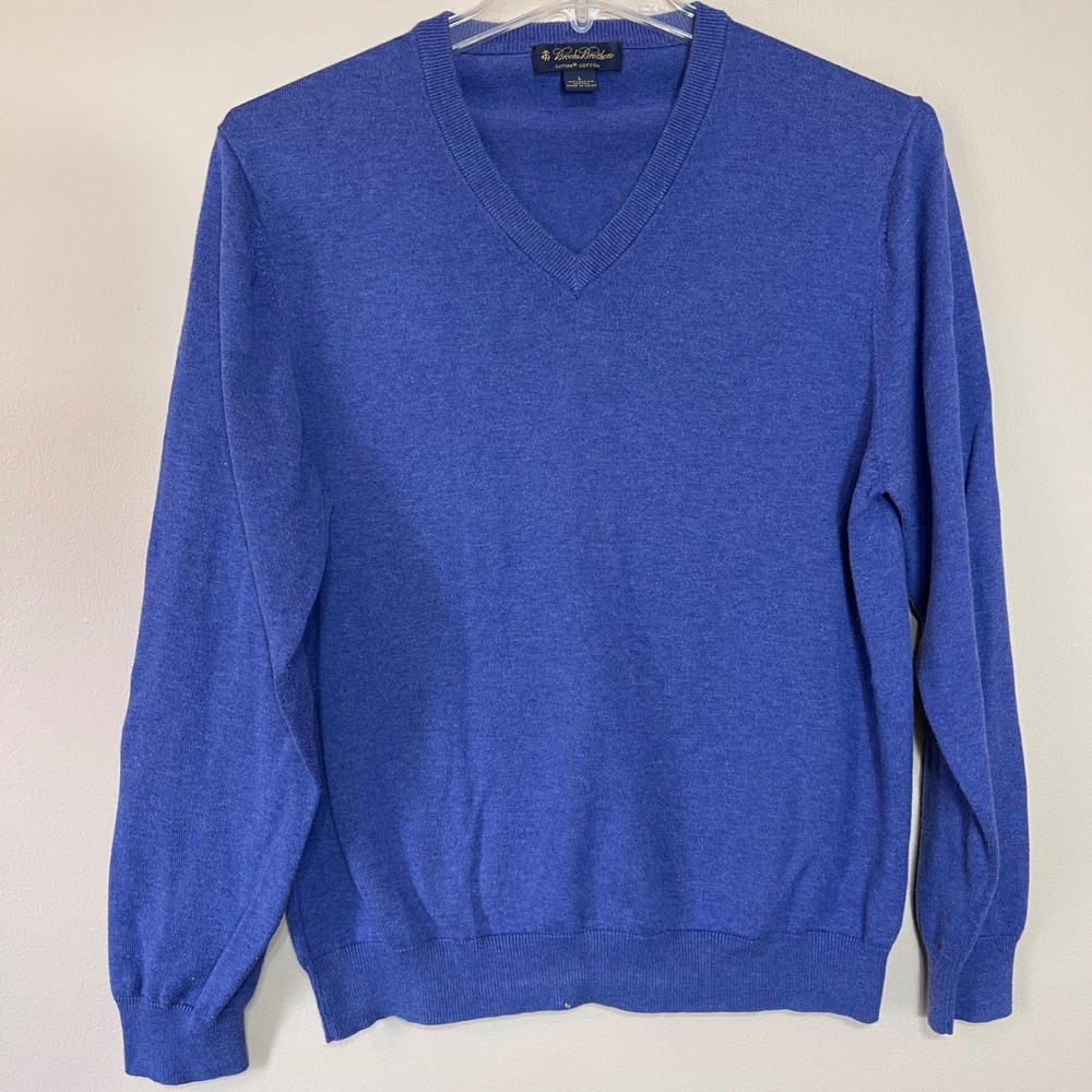 Brooks Brothers Mens‎ Blue Supima Cotton V-Neck Sweater Size L Lightweight Knit
